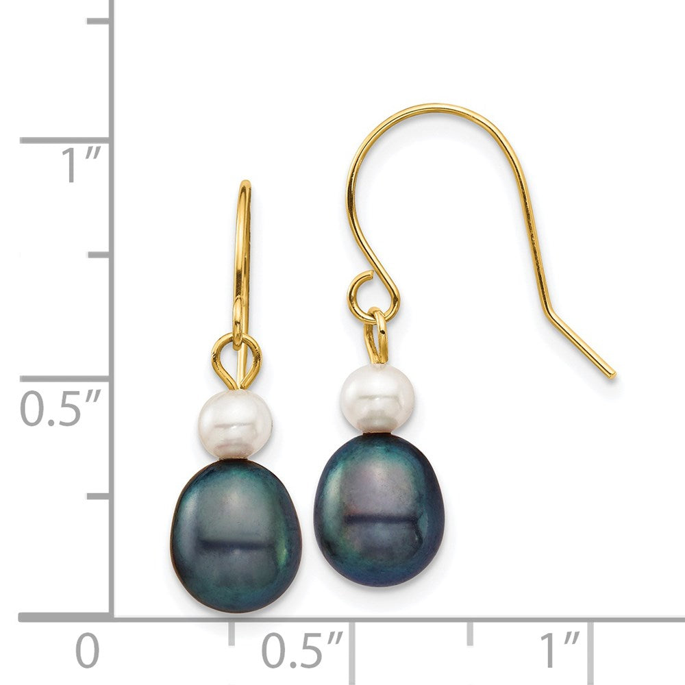 14k 4-7mm Black Rice and White Round Freshwater Cultured Pearl Dangle Earrings