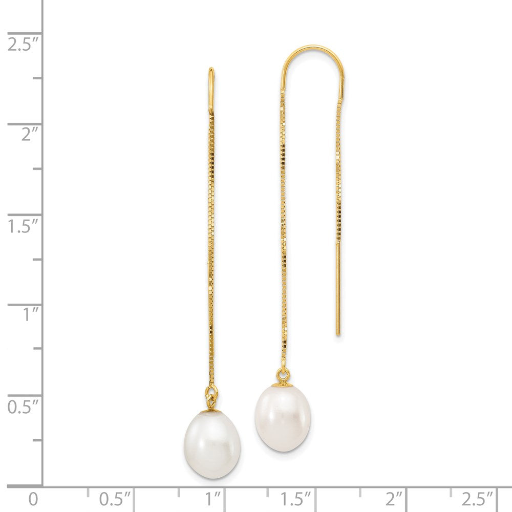 14k 7-8mm White Rice Freshwater Cultured Pearl Box Chain Threader Earrings