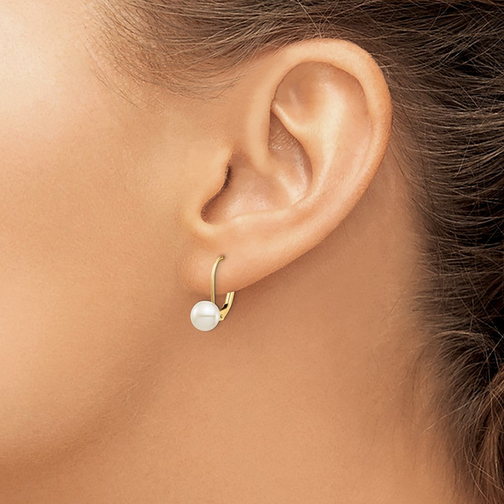 14K 6-7mm White Button Freshwater Cultured Pearl Leverback Earrings