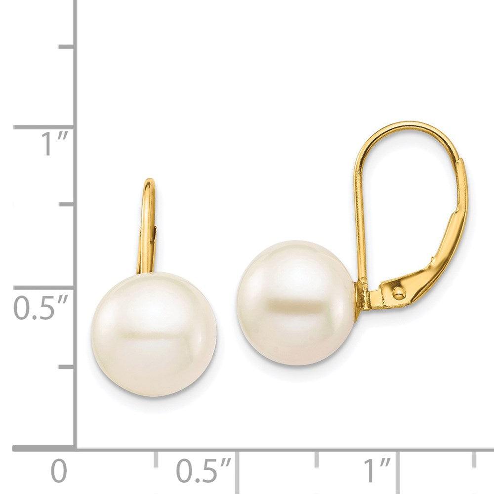 14K 9-10mm White Round Freshwater Cultured Pearl Leverback Earrings
