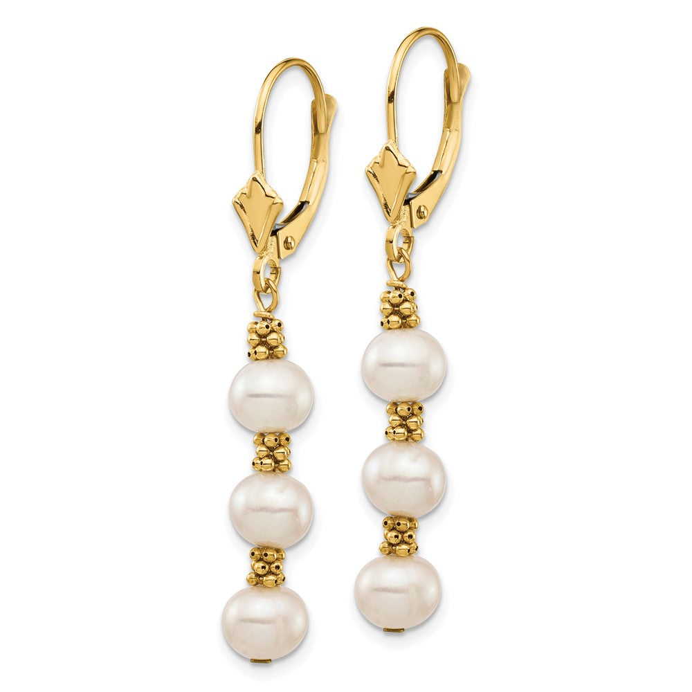 14k 5-6mm White Semi-Round Freshwater Cultured Pearl Dangle Leverback Earrings