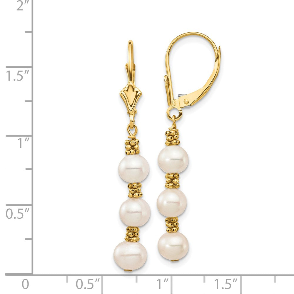 14k 5-6mm White Semi-Round Freshwater Cultured Pearl Dangle Leverback Earrings
