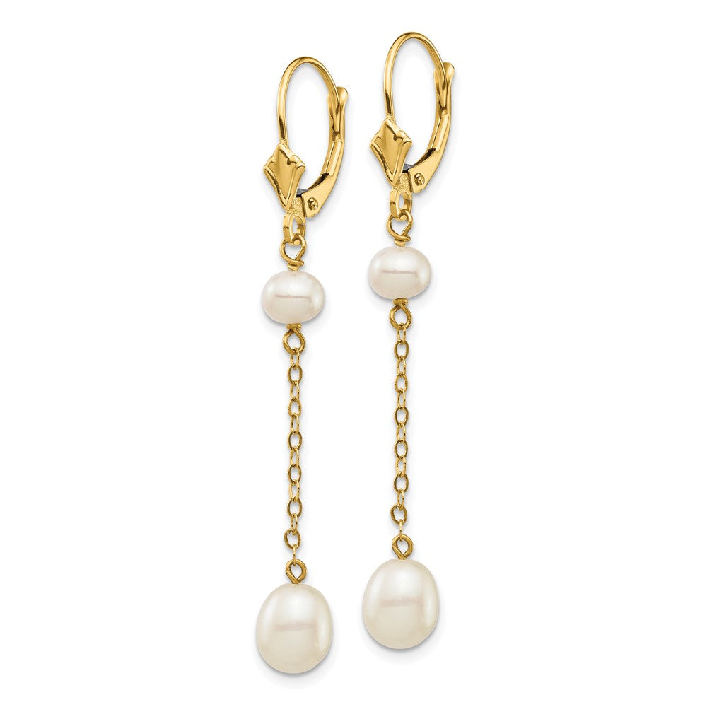 14k 5-7mm White Rice and Semi-Round Freshwater Cultured Pearl Chain Dangle Leverback Earrings