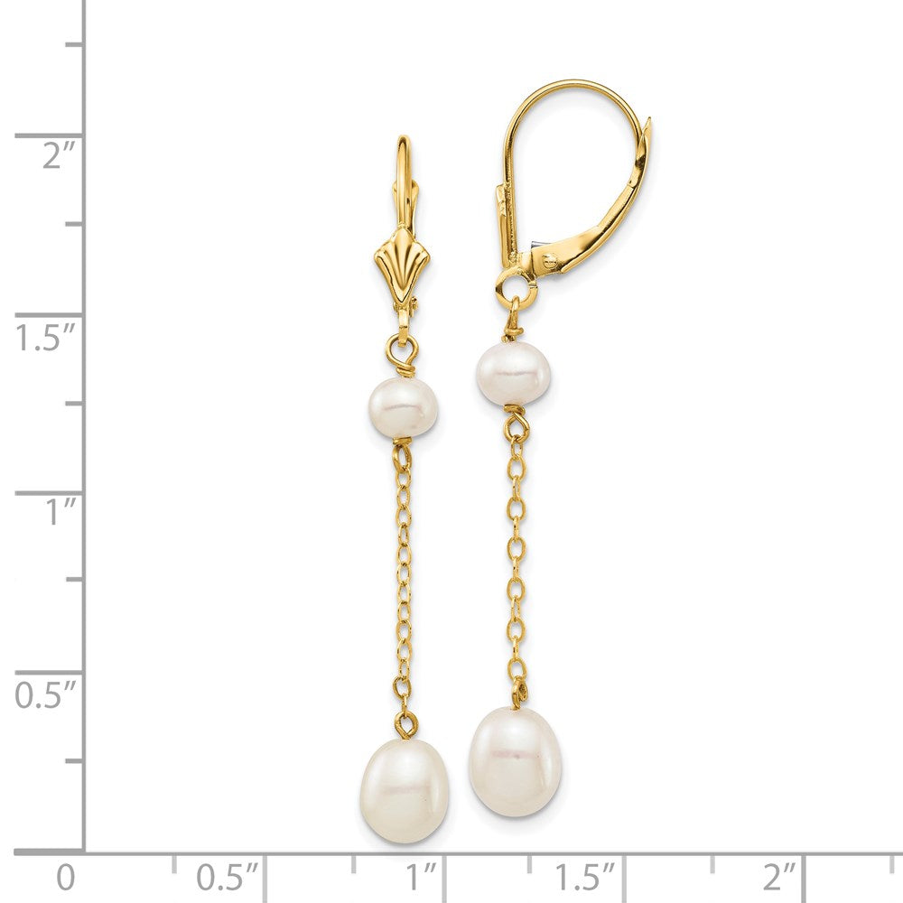 14k 5-7mm White Rice and Semi-Round Freshwater Cultured Pearl Chain Dangle Leverback Earrings