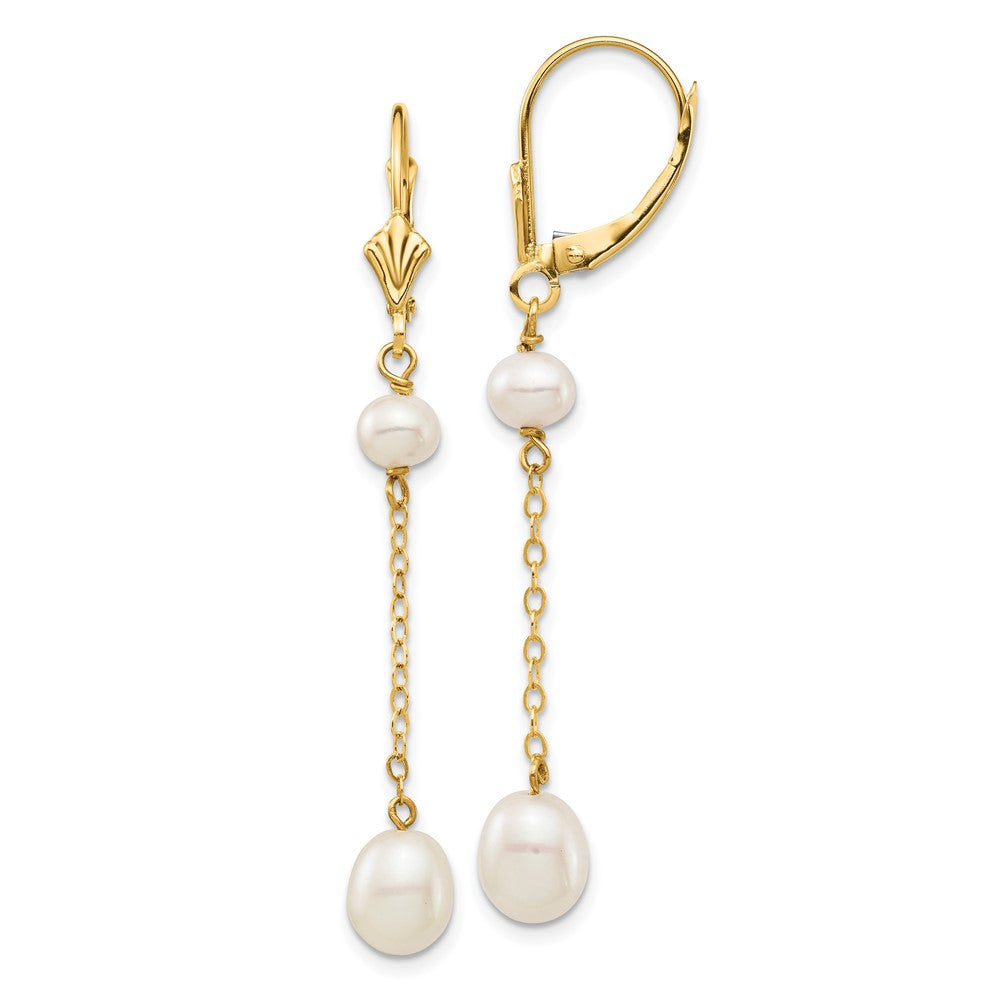 14k 5-7mm White Rice and Semi-Round Freshwater Cultured Pearl Chain Dangle Leverback Earrings