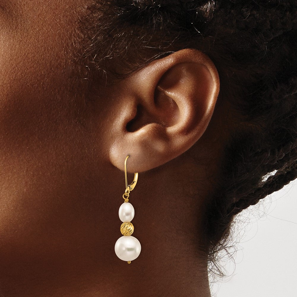 14k 6-10mm White Round and Rice Freshwater Cultured Pearland Diamond-cut Beaded Dangle Leverback Earrings