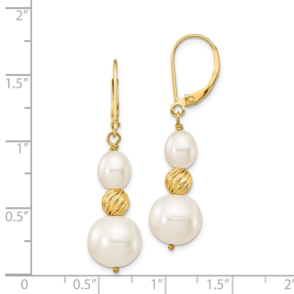 14k 6-10mm White Round and Rice Freshwater Cultured Pearland Diamond-cut Beaded Dangle Leverback Earrings