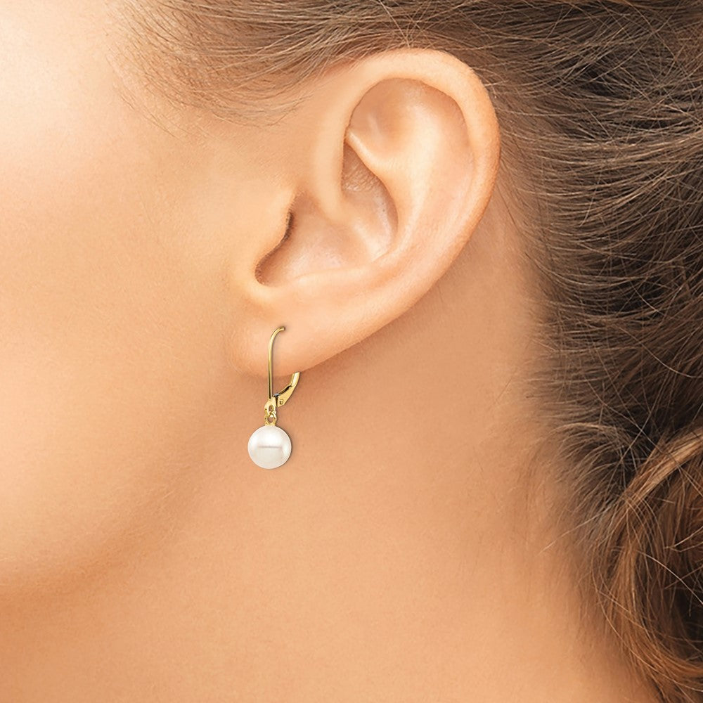 14k 7-8mm White Round Freshwater Cultured Pearl Dangle Leverback Earrings