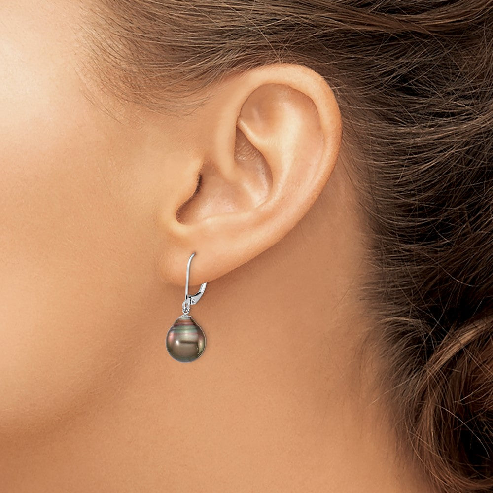 14k White Gold 10-11mm Black Teardrop Tahitian Saltwater Cultured Pearl Leverback Dangle Earrings