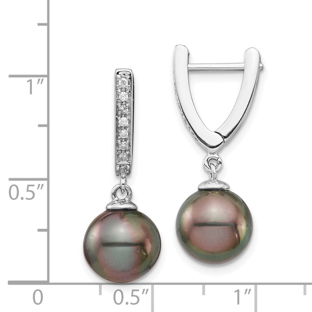 14k White Gold 9-10mm Black Round Tahitian Saltwater Cultured Pearl and .10 Carat Diamond Dangle Earrings