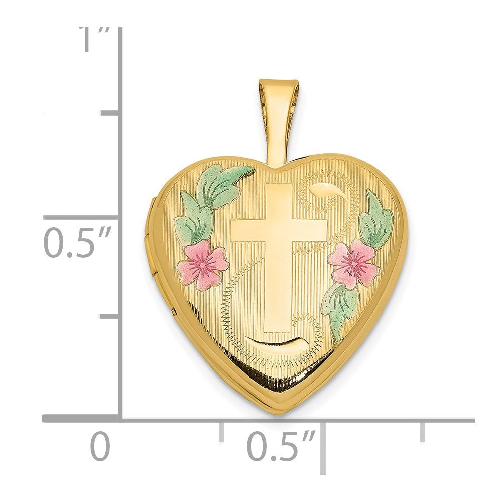 14k Pink and Green Enamel Floral Cross 16mm Heart Locket