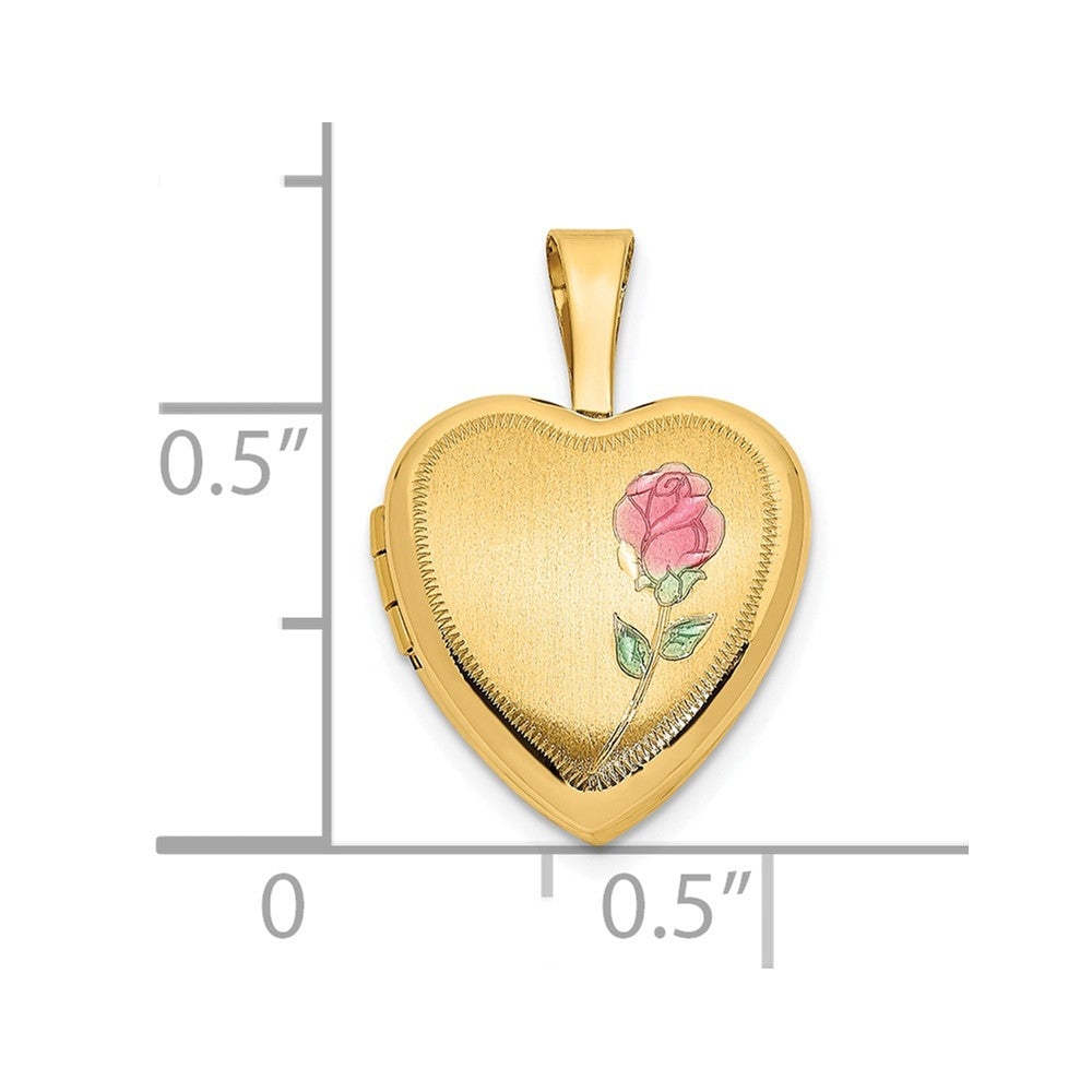 14k Satin with Pink and Green Enamel Rose 12mm Heart Locket