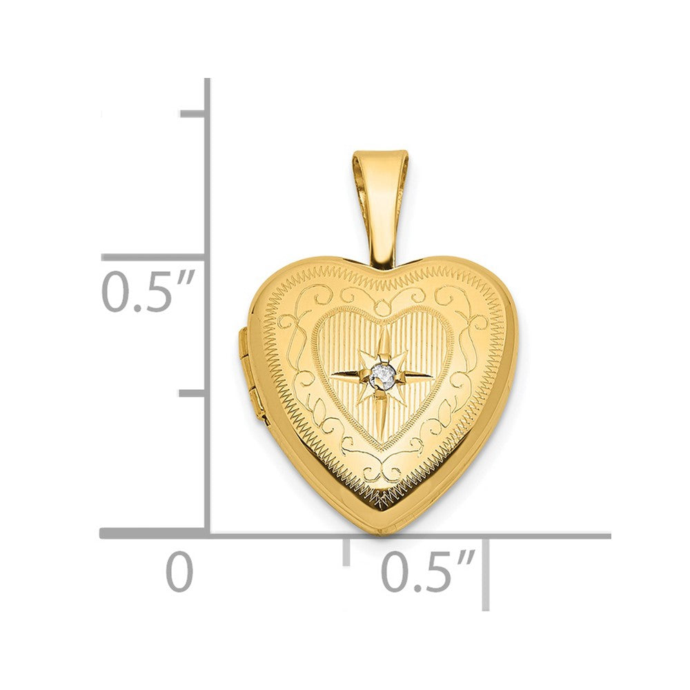 14k Polished Scrolled Border .01ct. Diamond Star 12mm Heart Locket