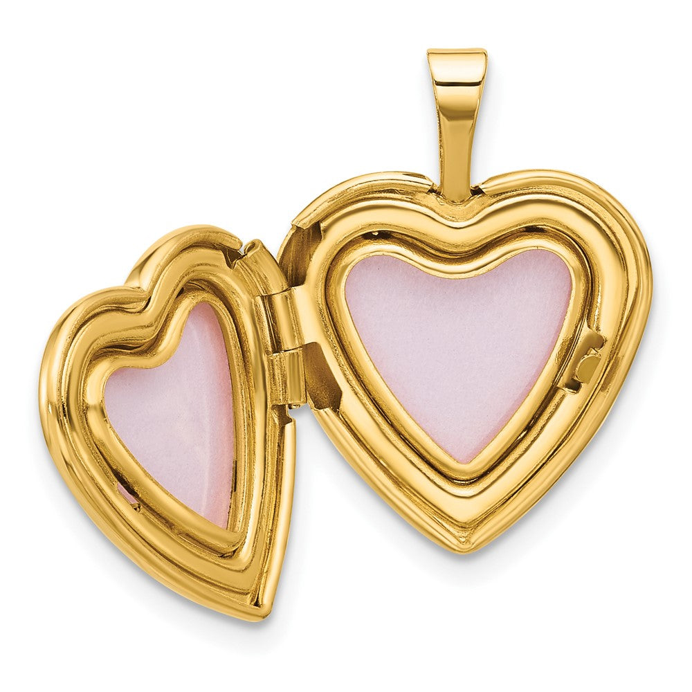 14K Polished and Satin Pink and Green Enamel Rose I LOVE YOU Script 16mm Heart Locket