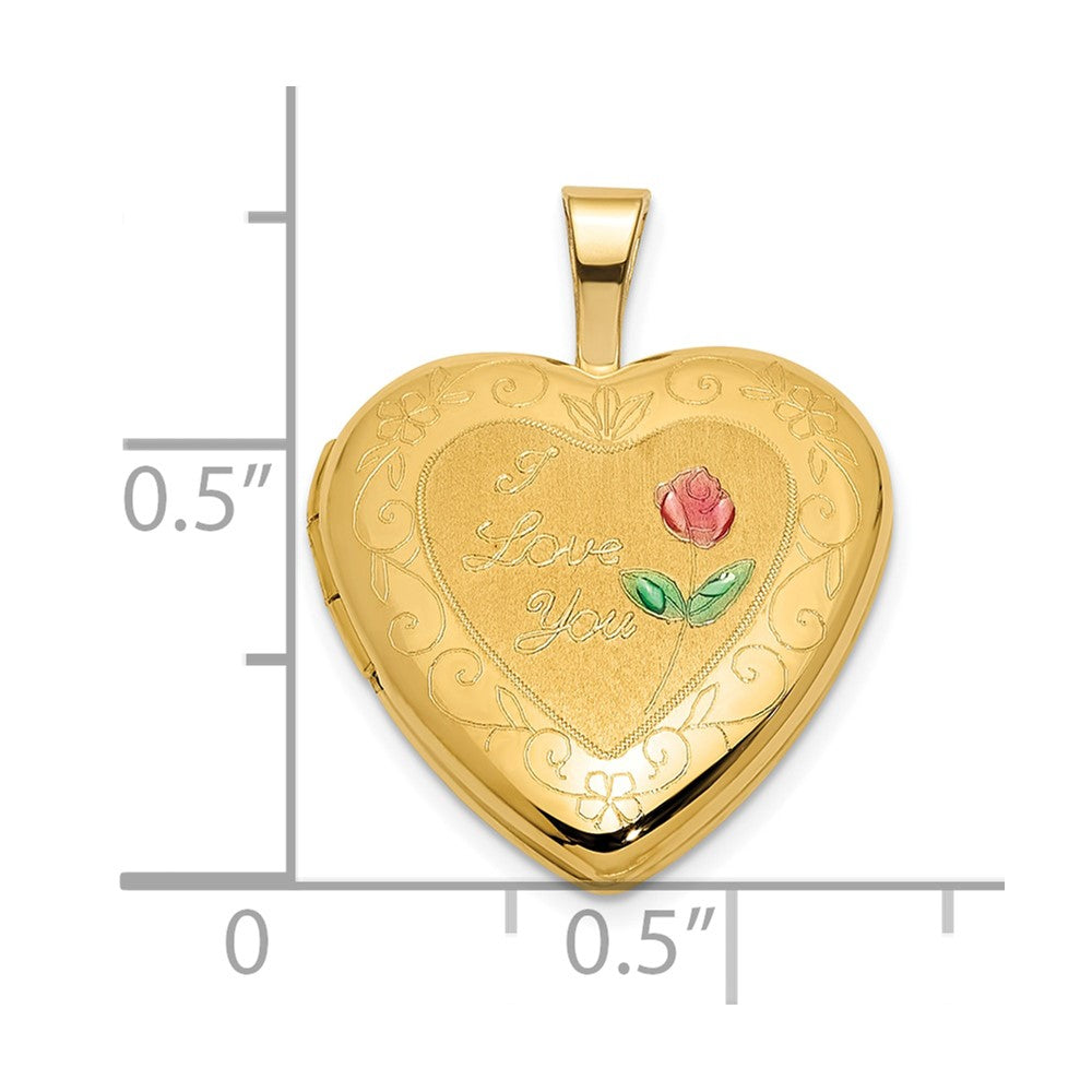 14K Polished and Satin Pink and Green Enamel Rose I LOVE YOU Script 16mm Heart Locket