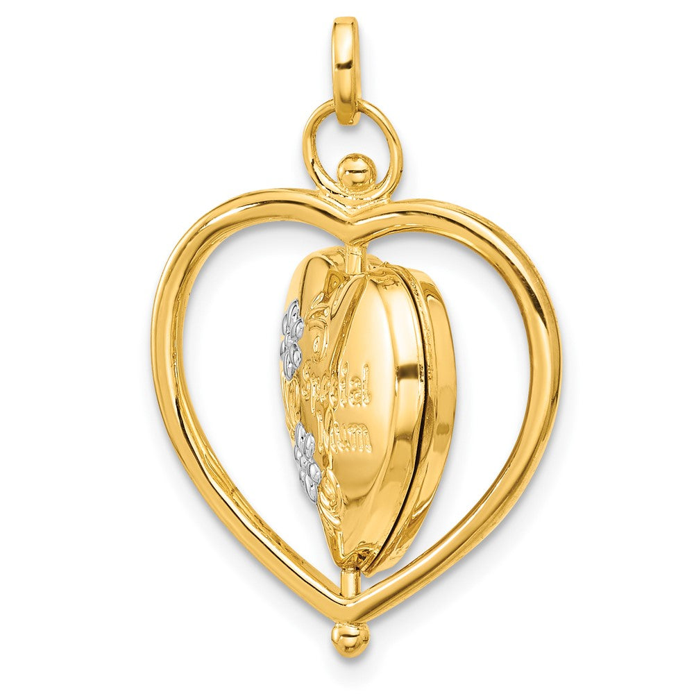 14K and White Rhodium Floral SPECIAL MUM and Tree in Spinning Frame Reversible 15mm Heart Locket