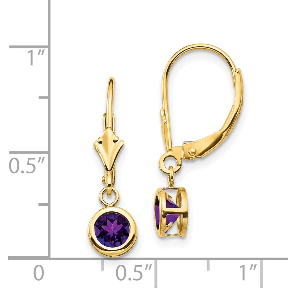 14k 5mm Round Amethyst Bezel Leverback Dangle Earrings
