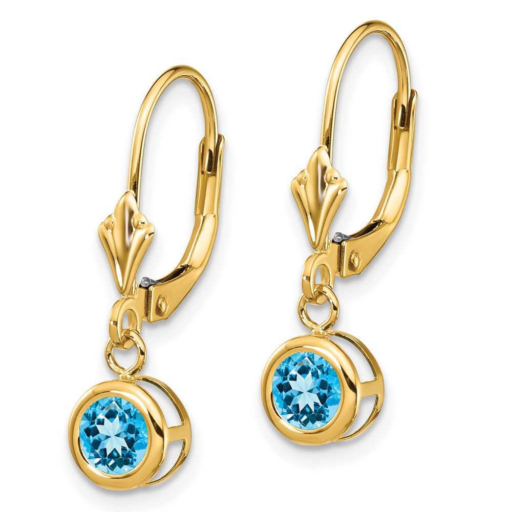 14k 5mm Round Blue Topaz Bezel Leverback Dangle Earrings