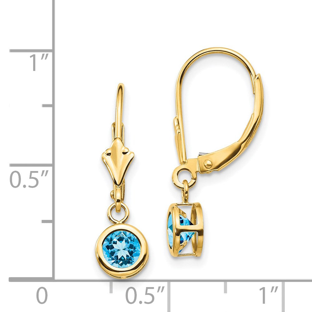 14k 5mm Round Blue Topaz Bezel Leverback Dangle Earrings