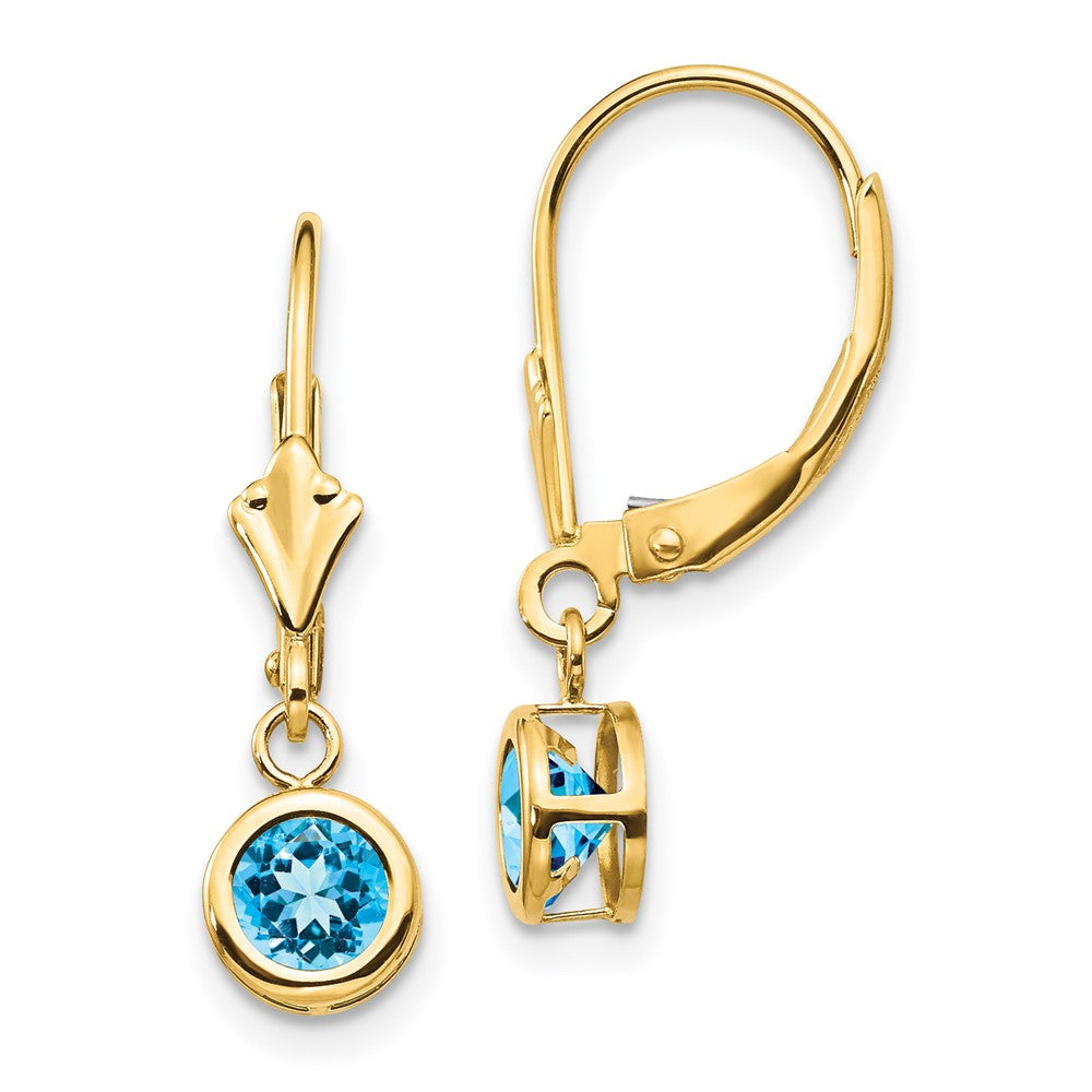 Polished;14k Yellow gold;Leverback;Blue topaz;Round