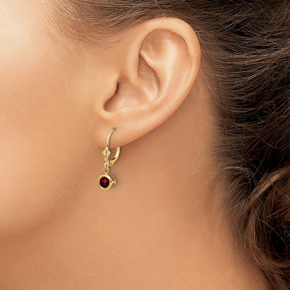 14k 5mm Round Garnet Bezel Leverback Dangle Earrings
