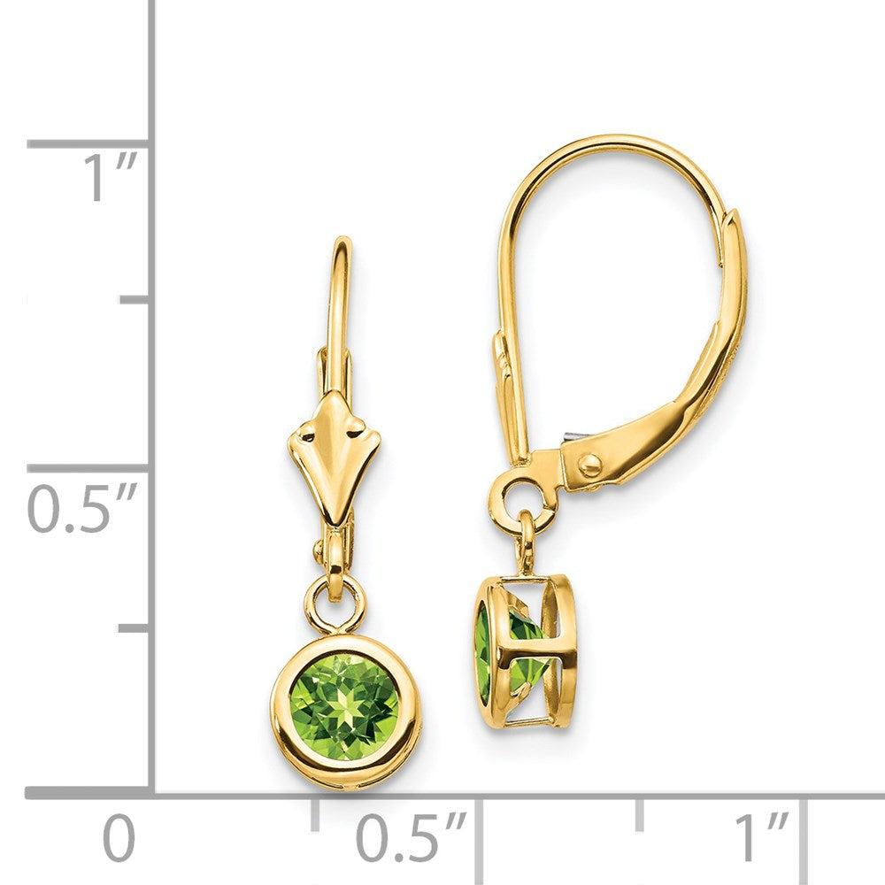 14k 5mm Round Peridot Bezel Leverback Dangle Earrings