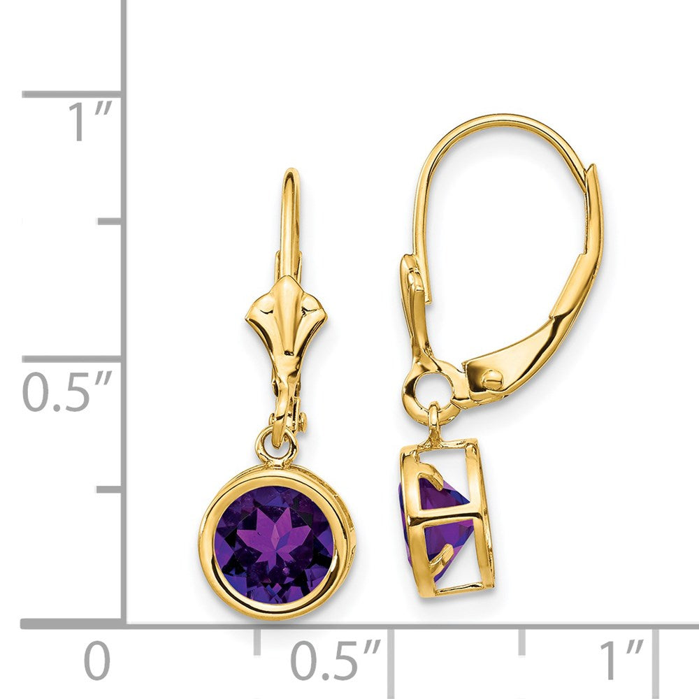 14k 6mm Round Amethyst Bezel Leverback Dangle Earrings