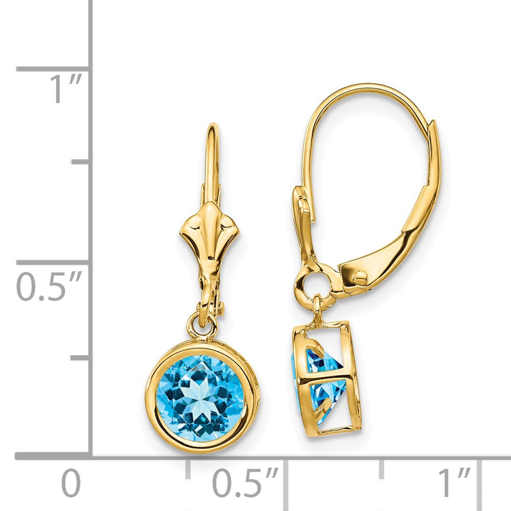 14k 6mm Round Blue Topaz Bezel Leverback Dangle Earrings