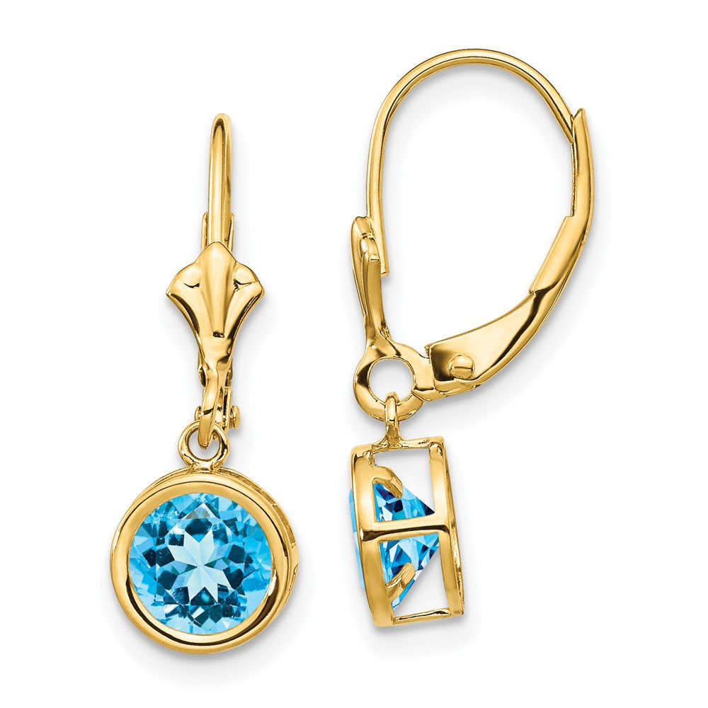 Polished;14k Yellow gold;Leverback;Blue topaz;Round