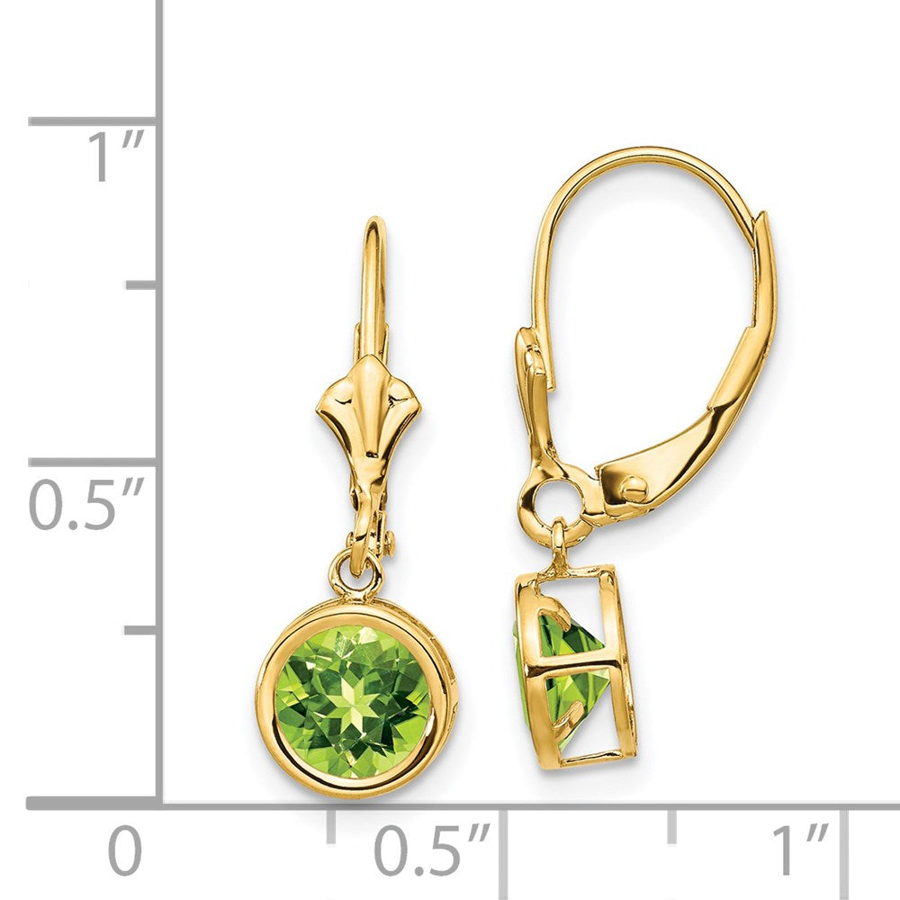 14k 6mm Round Peridot Bezel Leverback Dangle Earrings