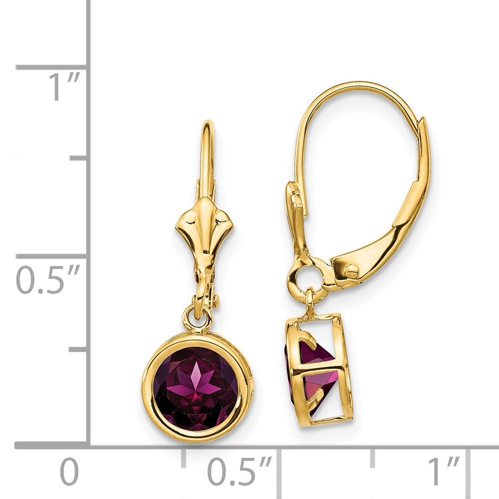 14k 6mm Round Rhodolite Garnet Bezel Leverback Dangle Earrings