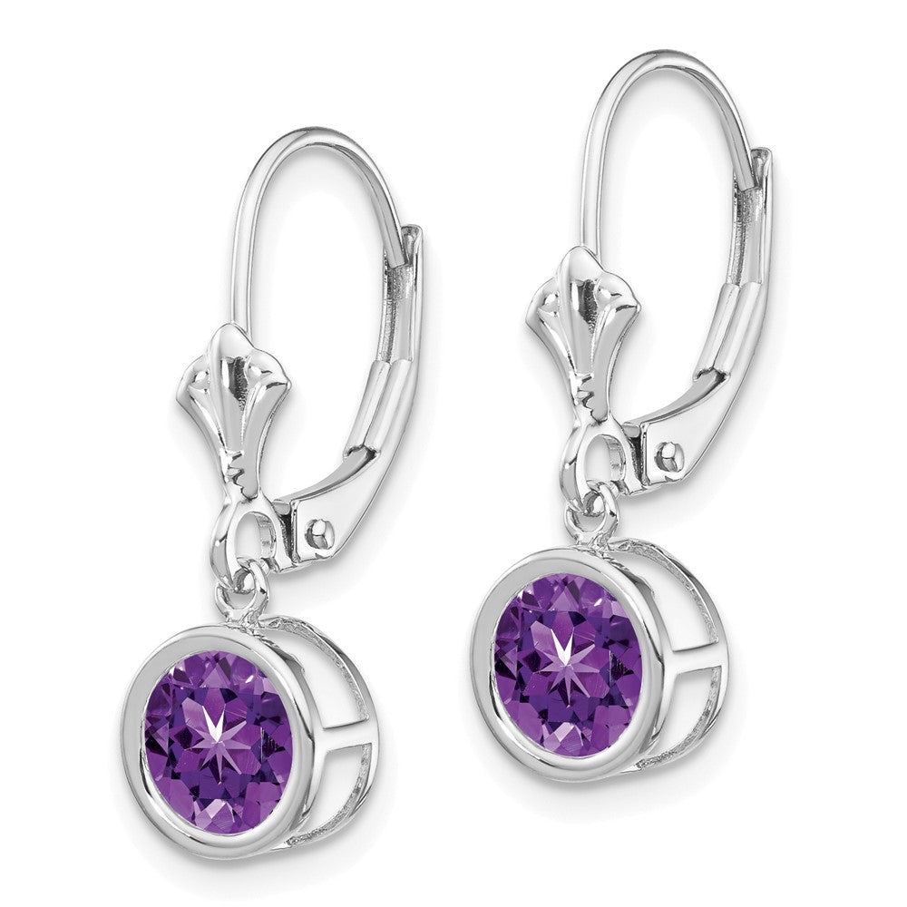 14k White Gold 6mm Round Amethyst Bezel Leverback Dangle Earrings