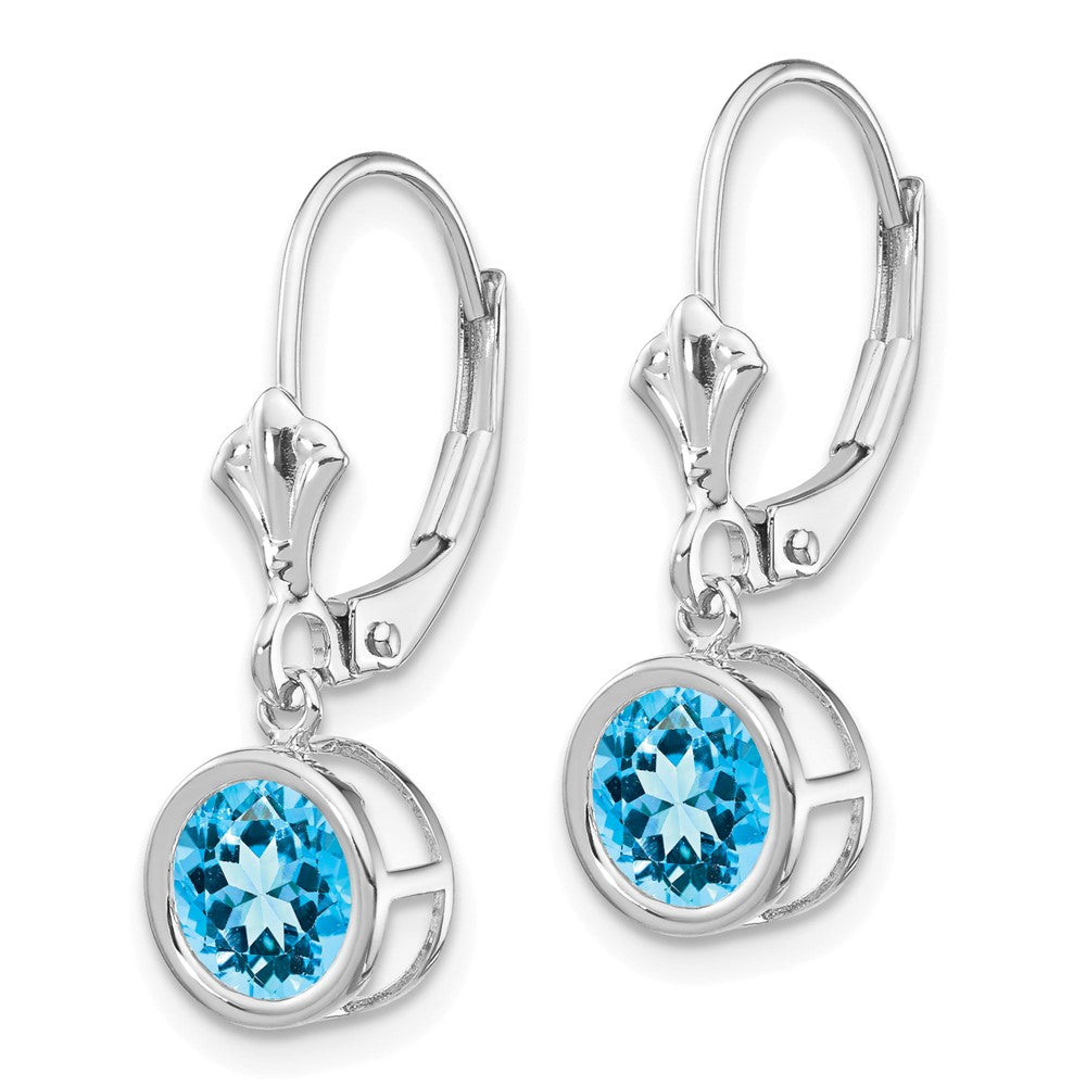 14k White Gold 6mm Round Blue Topaz Bezel Leverback Dangle Earrings
