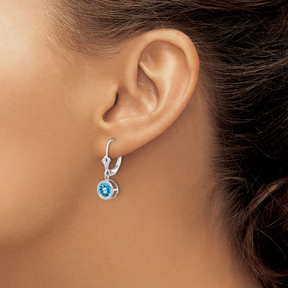 14k White Gold 6mm Round Blue Topaz Bezel Leverback Dangle Earrings