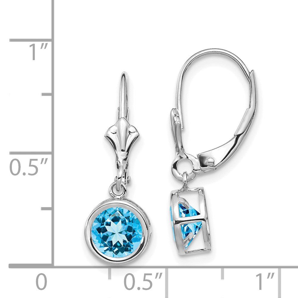 14k White Gold 6mm Round Blue Topaz Bezel Leverback Dangle Earrings