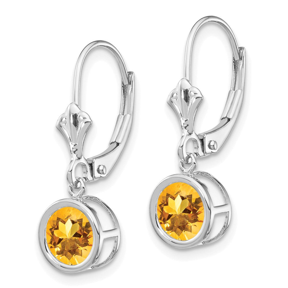 14k White Gold 6mm Round Citrine Bezel Leverback Dangle Earrings