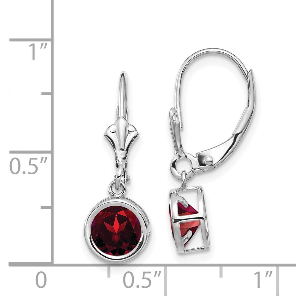 14k White Gold 6mm Round Garnet Dangle Leverback Earrings