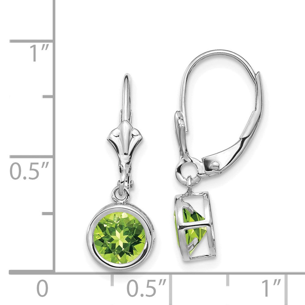 14k White Gold 6mm Round Peridot Bezel Leverback Dangle Earrings