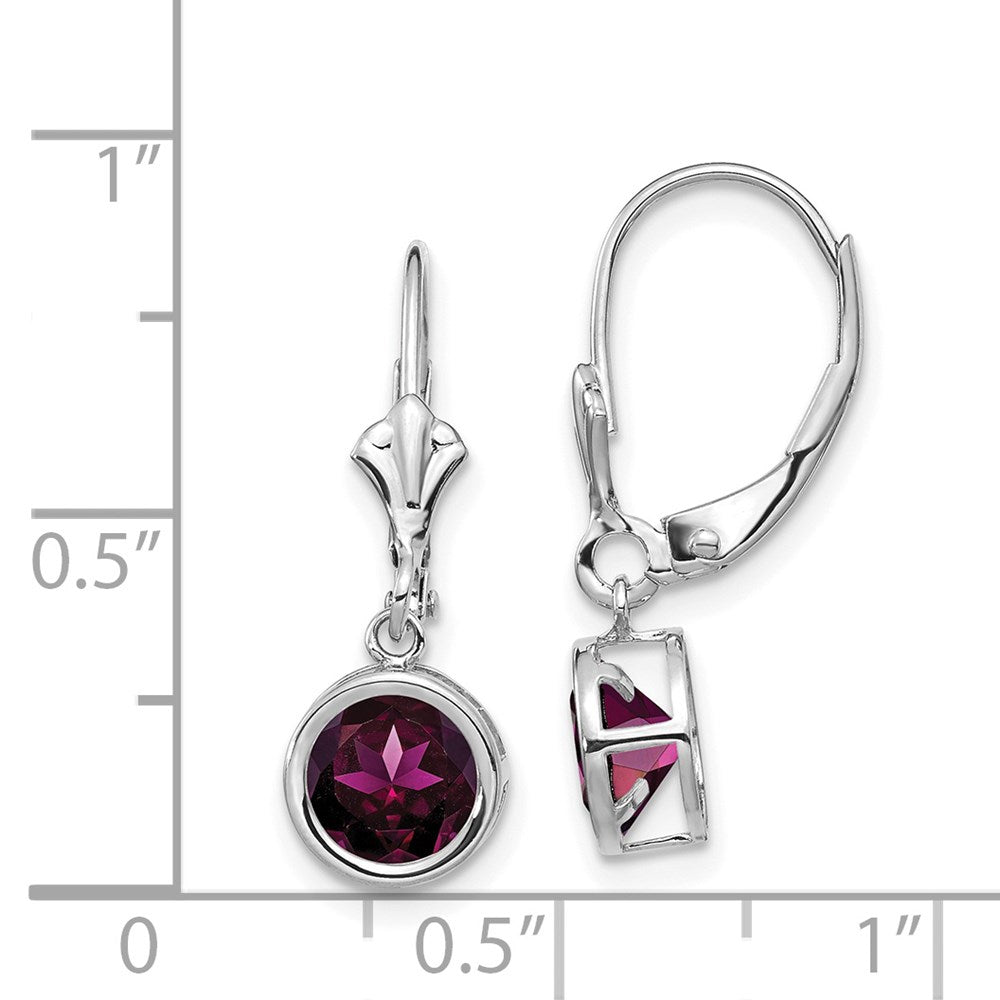 14k White Gold 6mm Round Rhodolite Garnet Bezel Leverback Dangle Earrings