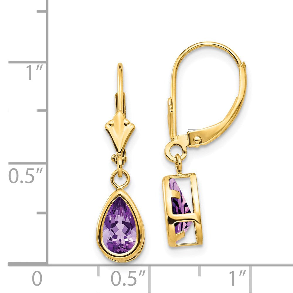 14k 8x5mm Pear Amethyst Bezel Leverback Dangle Earrings