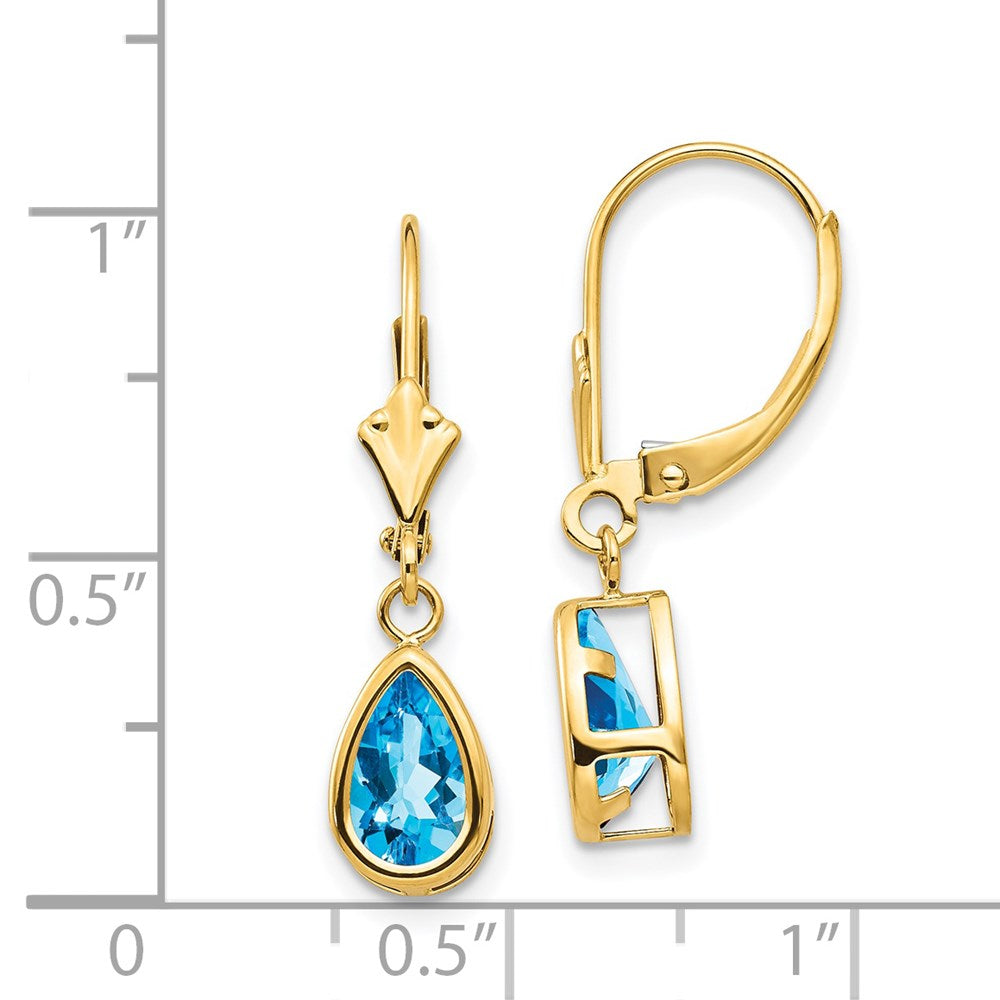 14k 8x5mm Pear Blue Topaz Bezel Leverback Dangle Earrings
