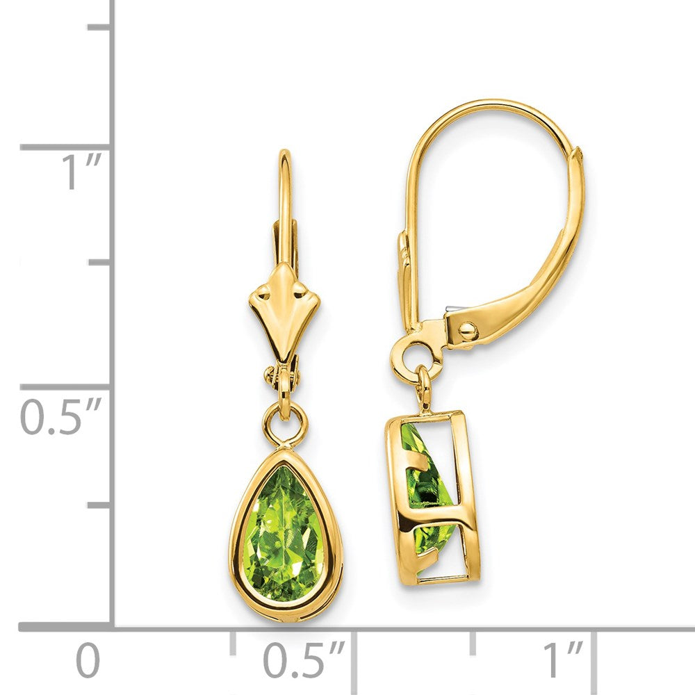 14k 8x5mm Pear Peridot Bezel Leverback Dangle Earrings