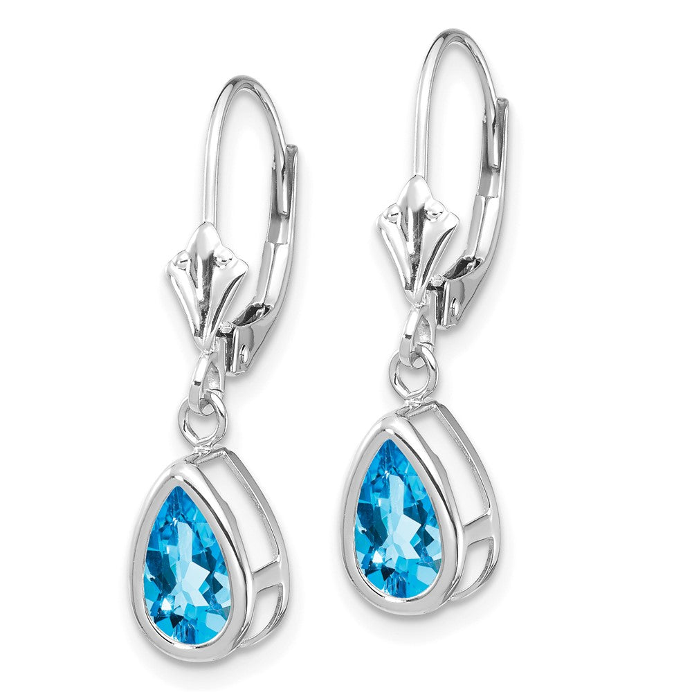 14k White Gold 8x5mm Pear Blue Topaz Bezel Leverback Dangle Earrings