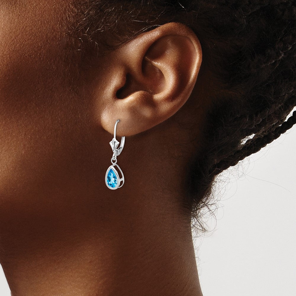 14k White Gold 8x5mm Pear Blue Topaz Bezel Leverback Dangle Earrings