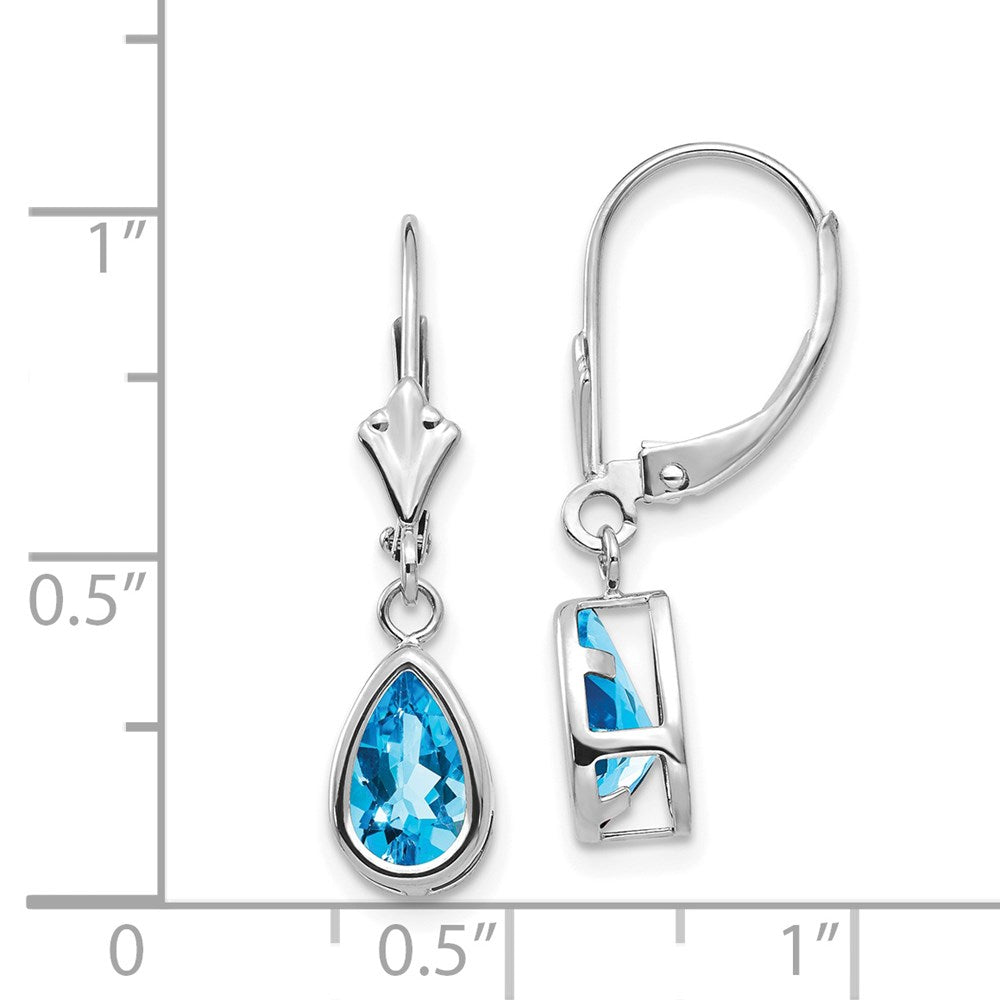 14k White Gold 8x5mm Pear Blue Topaz Bezel Leverback Dangle Earrings