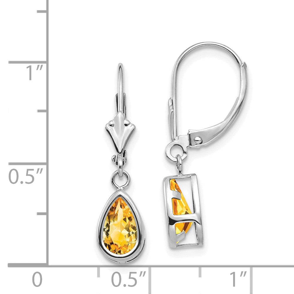 14k White Gold 8x5mm Pear Citrine Bezel Leverback Dangle Earrings
