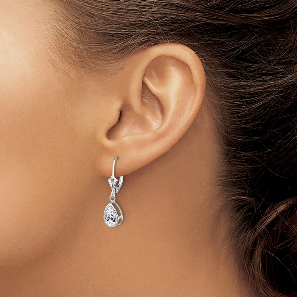 14k White Gold 8x5mm Pear Cubic Zirconia Bezel Leverback Dangle Earrings