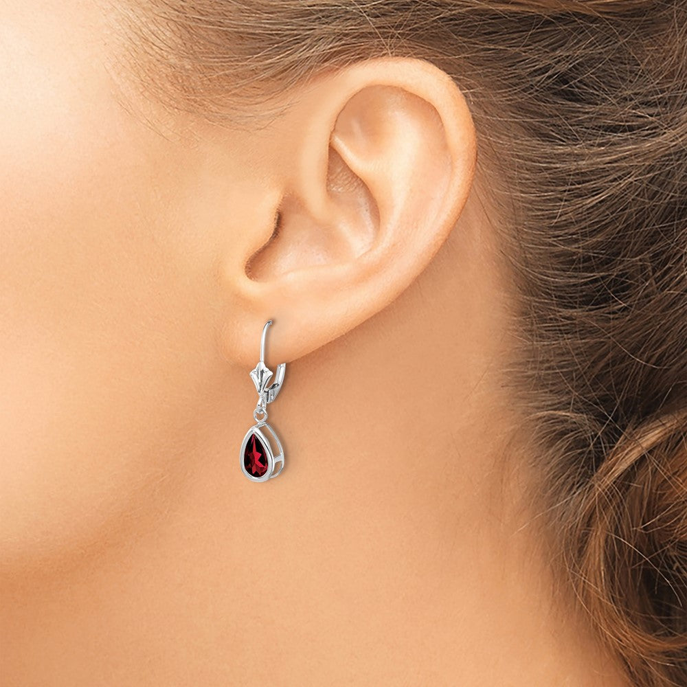 14k White Gold 8x5mm Pear Garnet Bezel Leverback Dangle Earrings