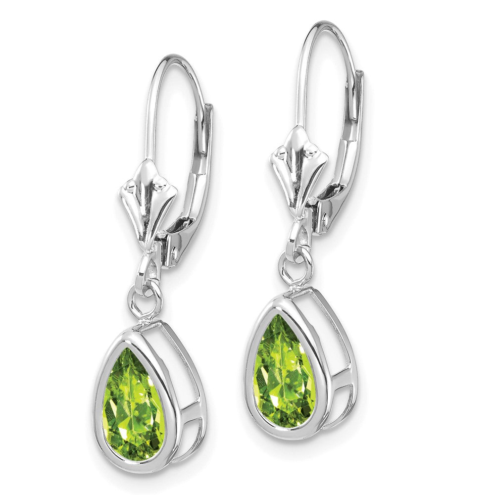 14k White Gold 8x5mm Pear Peridot Bezel Leverback Dangle Earrings