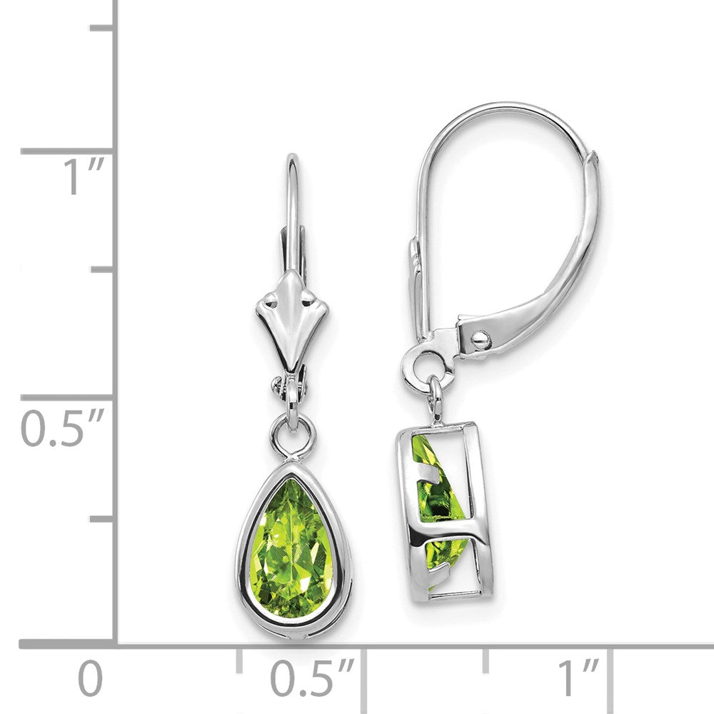 14k White Gold 8x5mm Pear Peridot Bezel Leverback Dangle Earrings